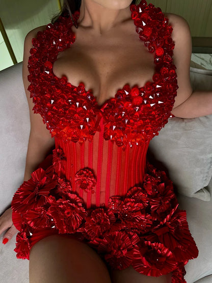 VC Party Sexy Galas Gown Red 3D Floral Halter Sequins Backless Mini Dress