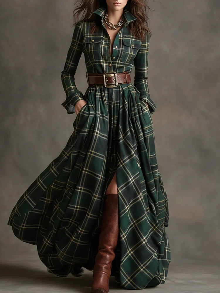 Plaid with Belt Retro Long Dress Lapel Button Irregular A Line Skirts Long Sleeve Casual Women's Dresses Autumn Elegant Clothes