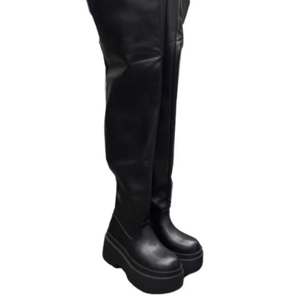 Women Platform Knee High Boots Fashion Pleated Round Toe Square Heel Leather Boots Black Party Dress Women Shoes Large Size35-40