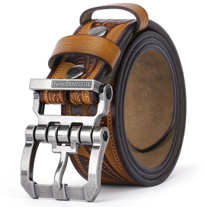 BISON DENIM Cowhide Retro Printed Men Belt Genuine Split Leather Alloy Pin Buckle Belt Casual Western Cowboy Style Belt For Men