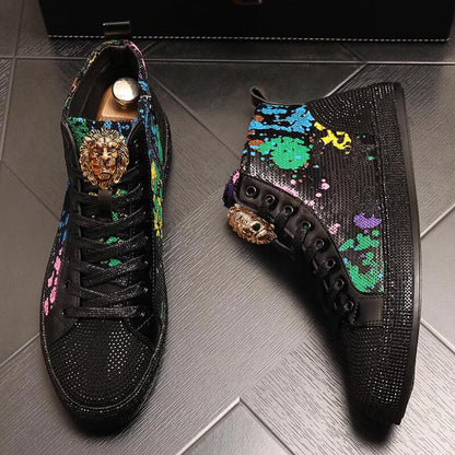 European fashion rhinestone sequin men's high top new network red shoes Korean version breathable high top board shoes - Kimlud