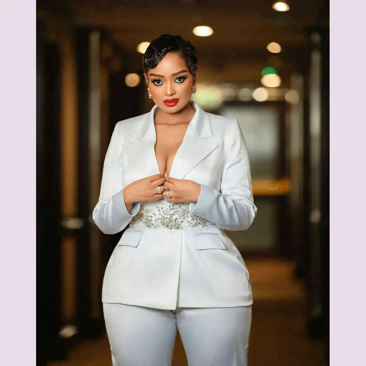 Plus Size Women Pants Suits Slim Fit Lady Customized Pearls Beading Blazer With Belt Prom Evening Party Blazer 2 Pieces