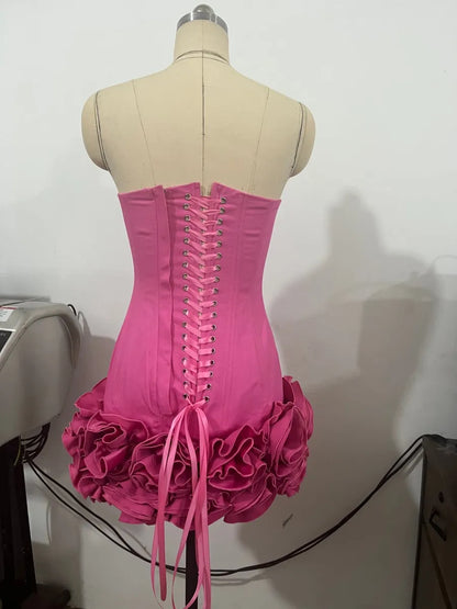 VC Christmas Dress Strapless Backless Red Structured Floral Embellished Mini Length Bodycon Celebrity Party Cocktail Dress