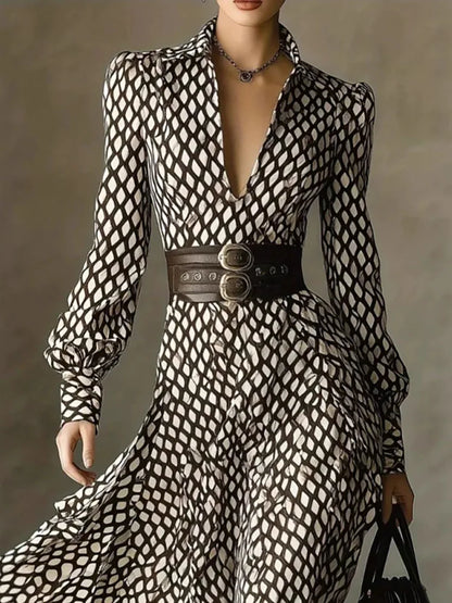 Spring and summer new style lapel print women's long sleeved dress diamond grid waist casual and comfortable dress