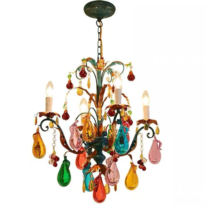 French Colorful Restaurant Chandelier Art Glass Lamp Romantic Bedroom Lamp Retro Colorful Candle Chandelier Crystal Lamp - Kimlud