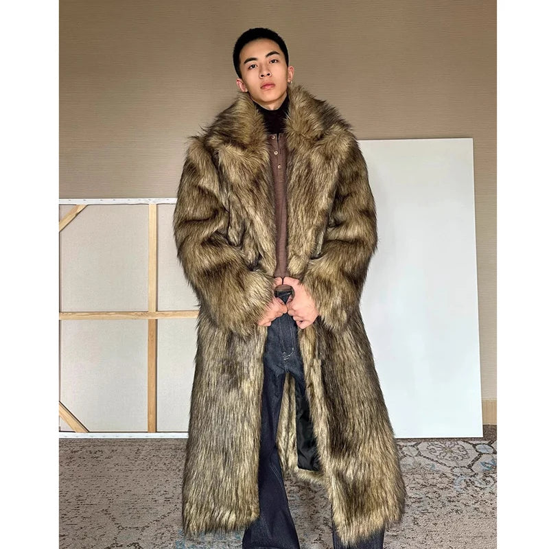 Men's fur coat, Wolf fur, fox fur, lapel long overcoat, winter windproof and warm windbreaker, large size