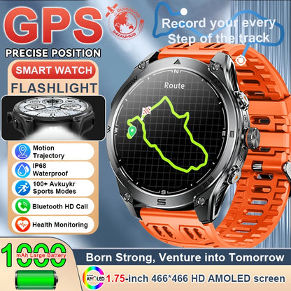 1.75''AMOLED Screen Smart Watch Men 10ATM Waterproof Compass GPS Smartwatch Bluetooth Call 1000mAh Large Battery Sports Bracelet