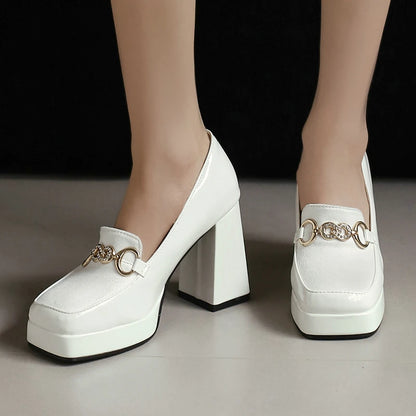 Extra Big Size 49 50 Bright Yellow Metal Crystal Chain Woman's Pumps Spring Fall Shoes Slip-on Loafers Platform Block High Heels