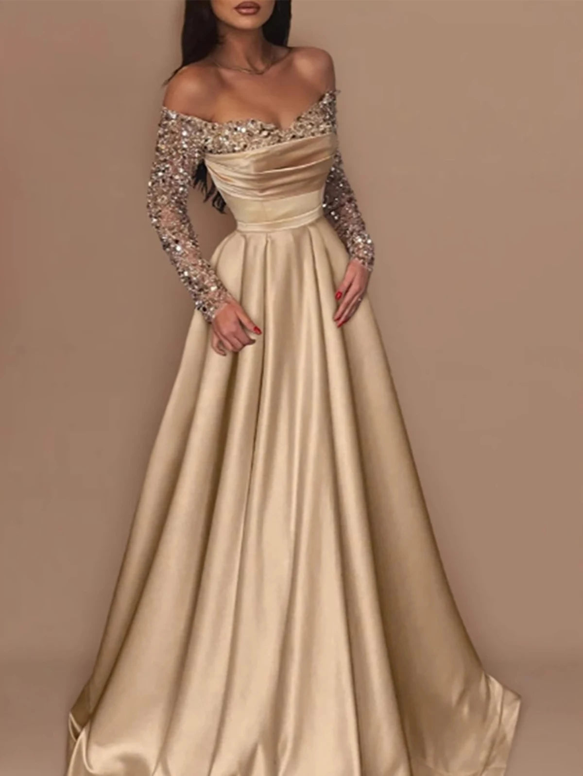 Elegant Luxurious Sequins Women Evening Dress Off Shoulder Slim Long Sleeve Autumn Party Dress Prom Formal Maxi Dresses Vestidos