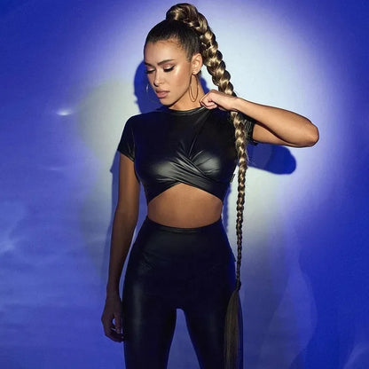 2024 Women's Tight T-shirt Spring/Summer New Bright Lacquer Leather Cross Short Top for Women