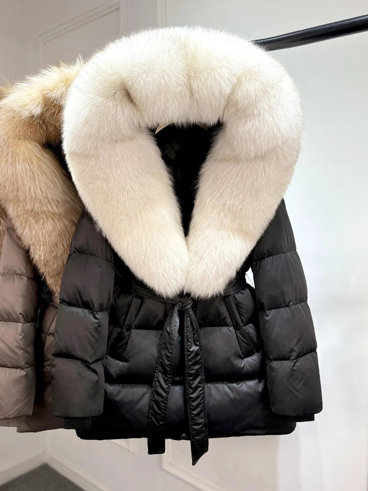 2025 New Natural Thick Warm 90% White Goose Down Coat Long Winter Jacket Women Real Big Fox Fur Collar Belt Loose Puffer Parka
