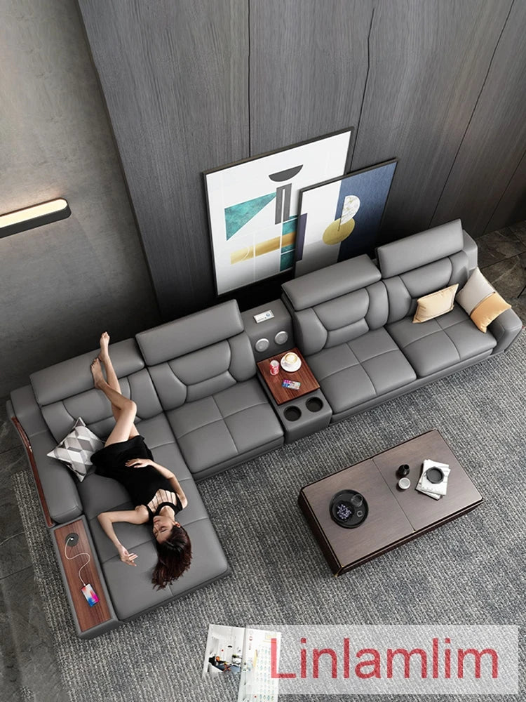 Beautify Your Living Room with Linlamlim Italian Genuine Leather Sofa - Bluetooth Speaker, Adjustable Headrests and USB...