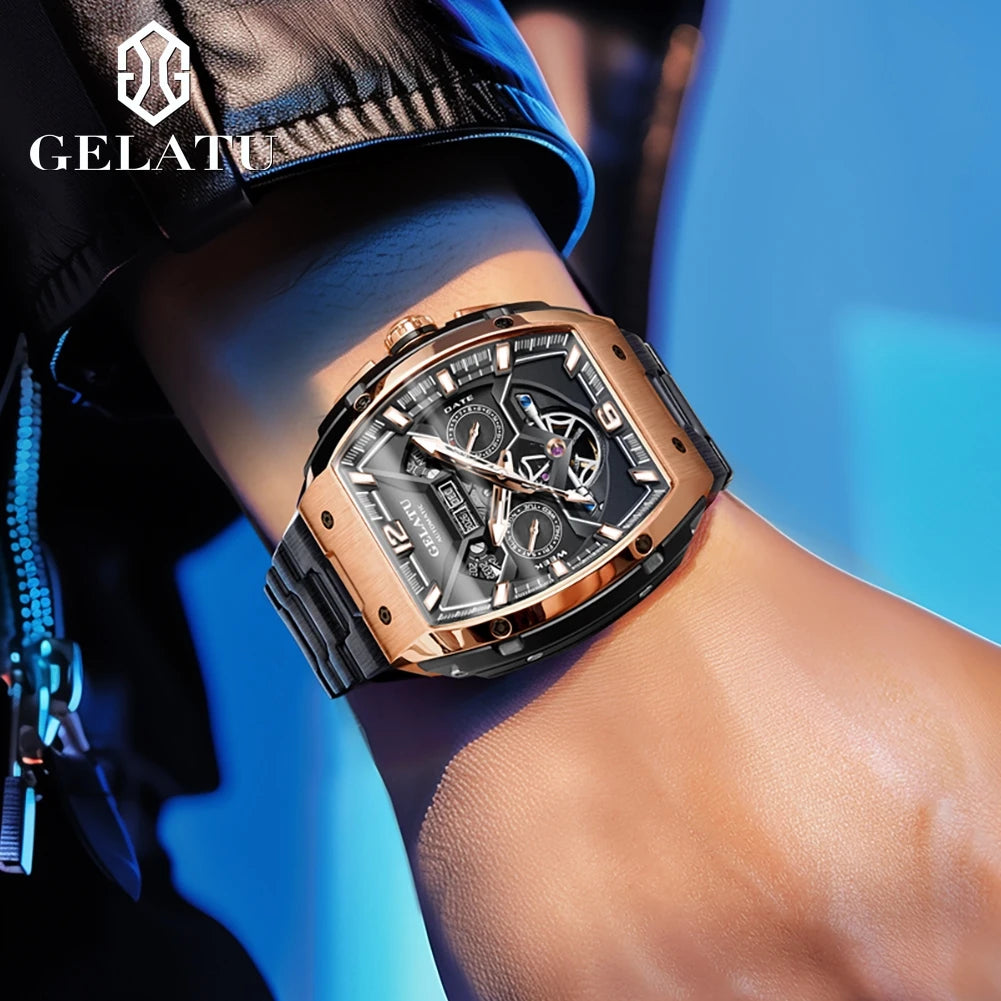 Reloj Hombre Watches Mens GELATU Top Brand Luxury Rose Black Skeleton Tourbillon Automatic Mechanical Watch for Men...