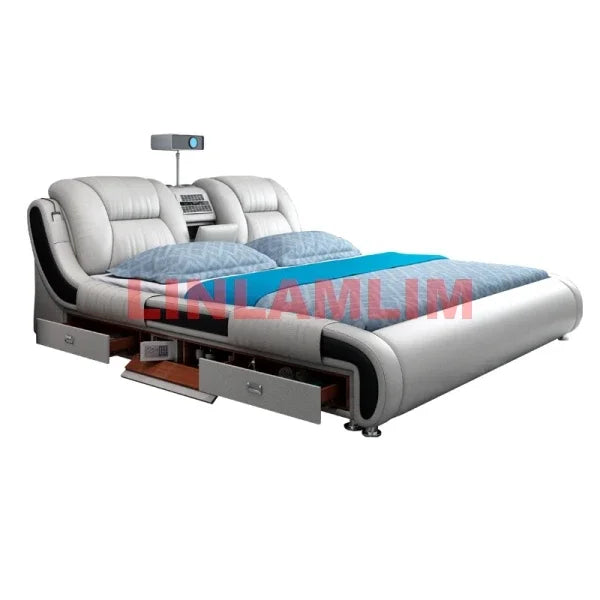 Genuine Leather Bed Multifunctional Beds Ultimate Massage Camas with Bluetooth,Speaker,Safe,Air Cleaner,...