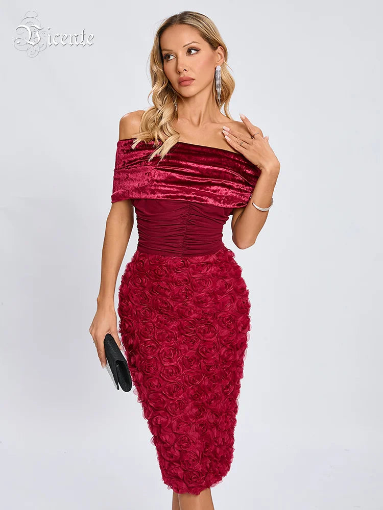 VC Red Off The Shoulder Midi Dress Flower Patchwork Mesh Slash Neck Velvet Bodycon Prom Celebrity Cocktail Party Wear Vestidos
