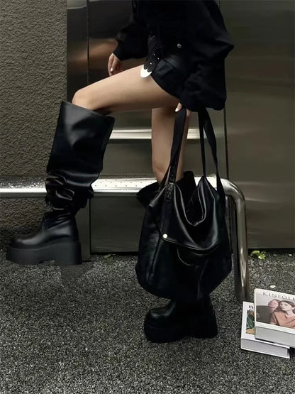 Women Platform Knee High Boots Fashion Pleated Round Toe Square Heel Leather Boots Black Party Dress Women Shoes Large Size35-40