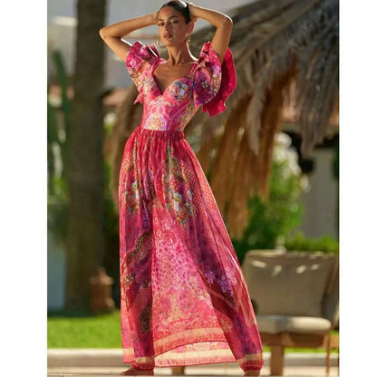 FLAXMAKER  Ruffled Rose Red Blooming Flower Print One Piece Swimsuit and Skirt Women Beachwear Luxury Bathing Suit