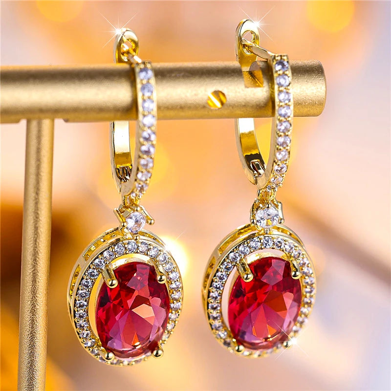 Luxury Female Rose Red Oval Zircon Stone Hoop Earrings Charm Gold Color Wedding Jewelry For Women