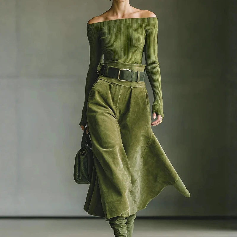 Women's 2PCS Patchwork Outfit Long Sleeve Slash Neck Top with Maxi Skirts Autumn Winter Fashion Elegant Streetwear for Holiday