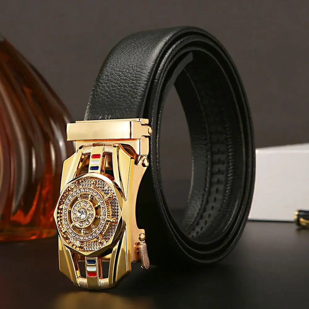Men Business Time To Run Belt Man Automatic Buckle Leather Belt Golden Waist Buckle Males Luxury Belt Rhinestone...