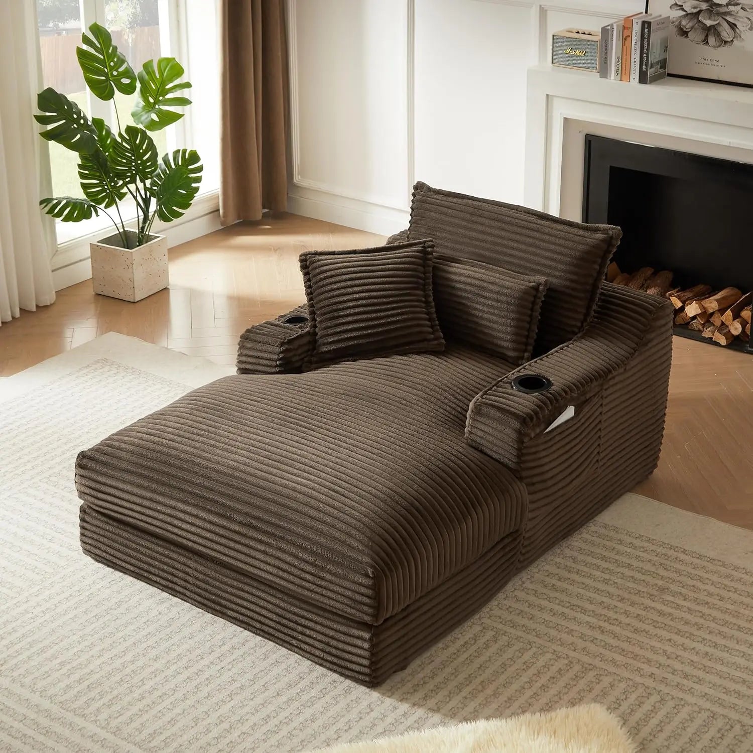67" Oversize Chaise Lounge Deep Seat 2 Cup Holders Storage Pockets Living Room Bedroom Office Brown Customized - Kimlud