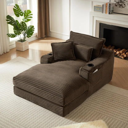 67" Oversize Chaise Lounge Deep Seat 2 Cup Holders Storage Pockets Living Room Bedroom Office Brown Customized - Kimlud