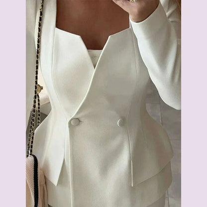 Elegant BlazerCoat Skirt Set Women Double Breasted Square Collar Slim Jacket And Midi Skirts Suits 2 Pieces Office Chic Outfits