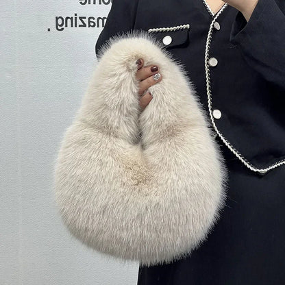Winter Casual Furry Shoulder Bags for Women Solid Color Soft Plush Ladies Clutch Purse Handbags Lightweight Female Hobos Bag