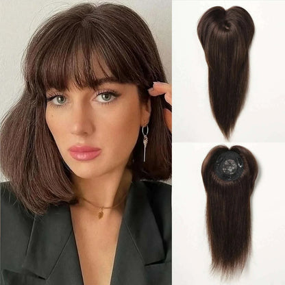 10/12/14 inches Hair Toppers for Women Brown Blonde Ombre Human Hair Toppers Silk Base Clips in Hair Extension Topper With Bangs