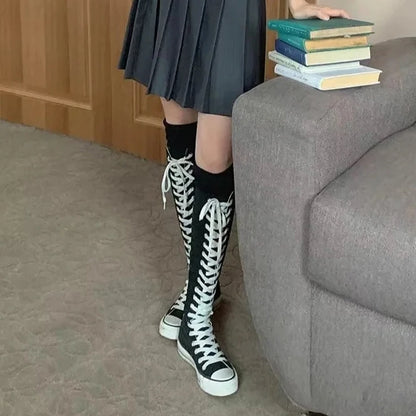 Canvas Long Boots for Women High Top Women Canvas Shoes Lace Up Knee High Boots Flats Casual Vulcanized Shoes Sneakers Girls