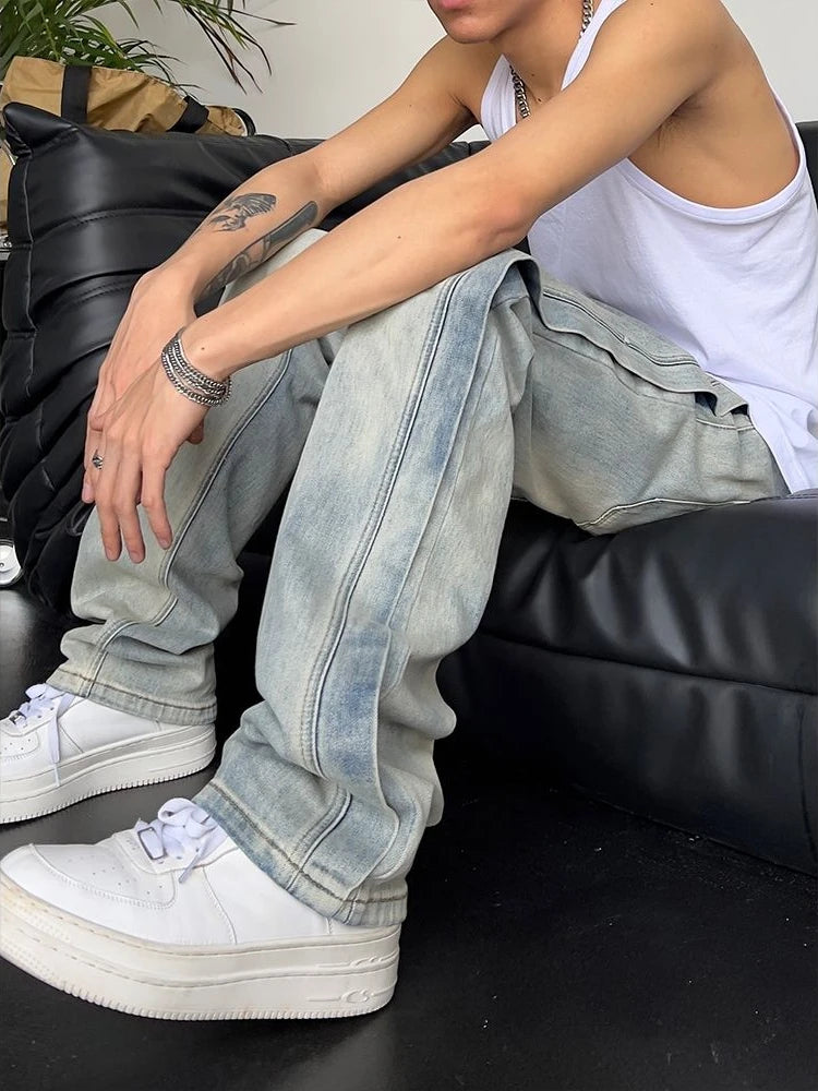 Jeans for Men Loose Light Blue Baggy Straight Man Cowboy Pants Punk Spliced Y2k Vintage Trousers 2025 Korean Autumn Trend Cotton