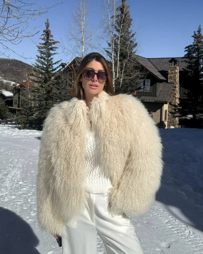 Casual Creamy-white Thick Faux Fur Short Coat Women Long Sleeve Turn Down Collar Warm Soft Jacket Female Winter Daily Outerwear