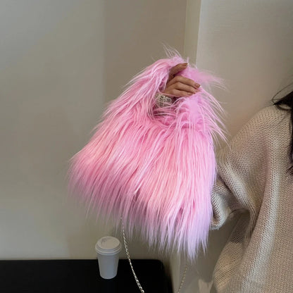 Winter Faux Fur Shoulder Bag for Women Trendy Fuzzy Handbags Plush Crossbody Bag Fluffy Tote Bag Furry Handle Mobile Phone Bag