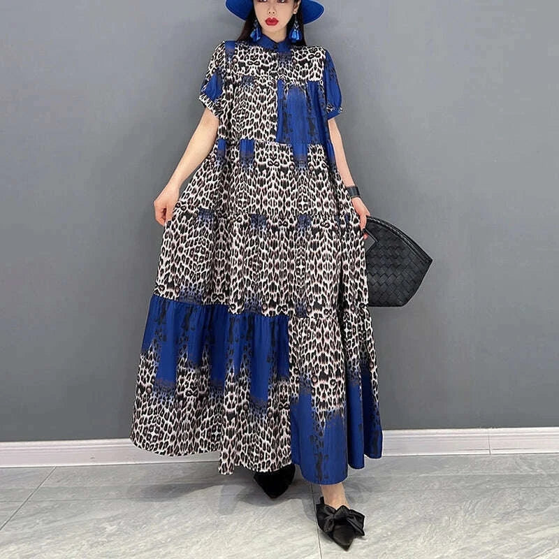 Korean Style Painted Short-Sleeve Casual Loose Big Size Yellow Red Blue Leopard Long Dress Summer Boho Print Dress Robe JJXD071