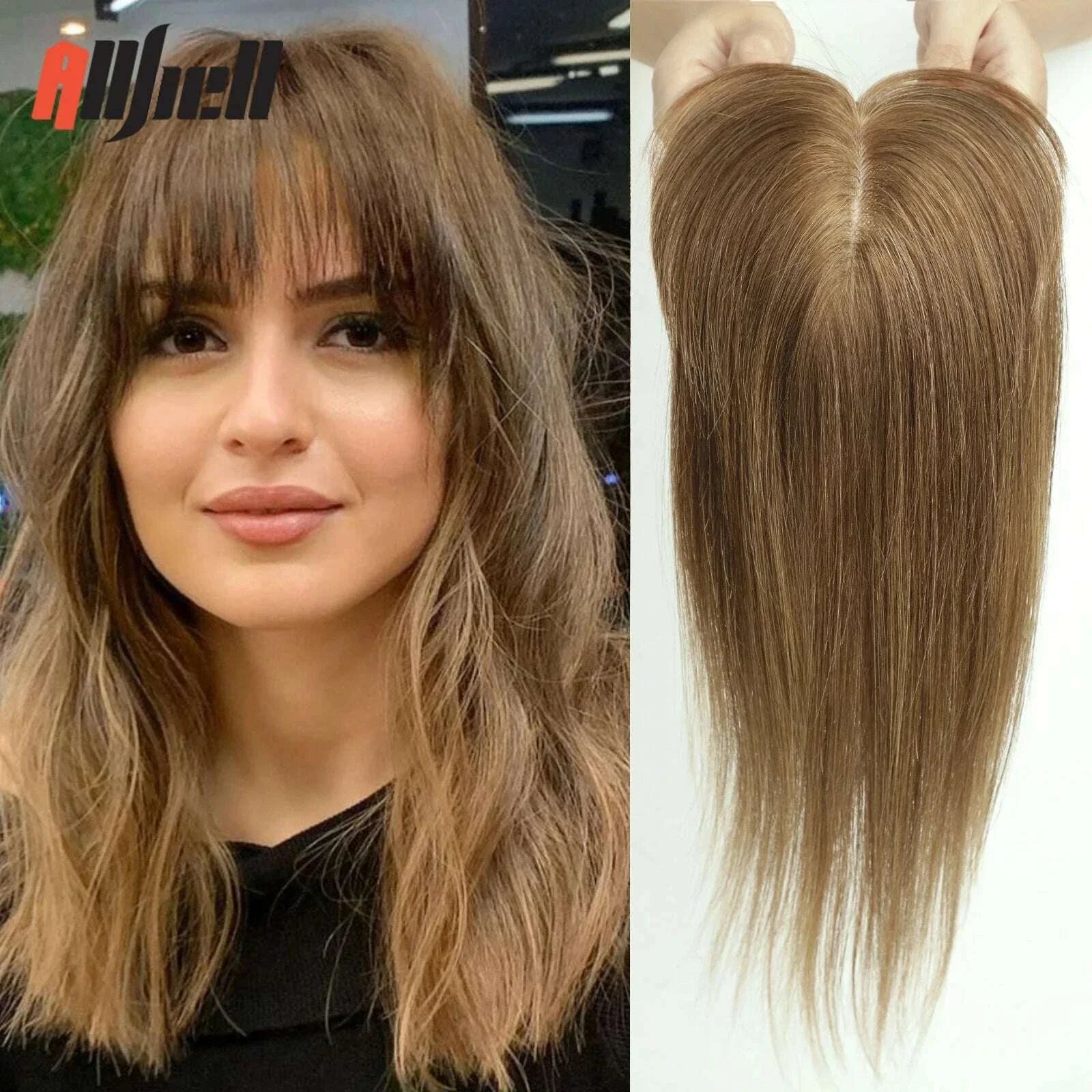 10/12/14 inches Hair Toppers for Women Brown Blonde Ombre Human Hair Toppers Silk Base Clips in Hair Extension Topper With Bangs