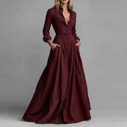Casual Turn-down Collar Button Maxi Dress Woman Elegant Solid High Waist Swing Long Dresses Autumn Long Sleeve Pocket Boho Dress - Kimlud