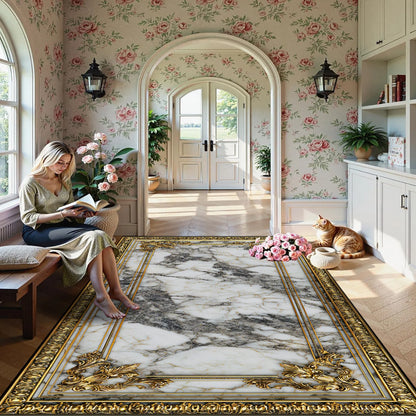 Luxury European Style Carpet Living Room Decoration Aesthetic Non-slip Fluffy Rug Customizable Marble Pattern Floor Mat Washable - Kimlud