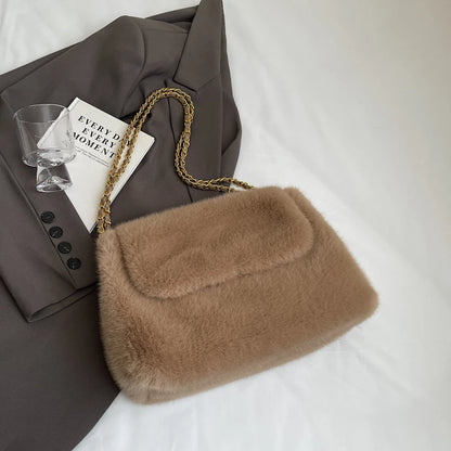 Fashion White Plush Tote Bag Women Casual Large Capacity Chain One Shoulder Bags Autumn/Winter New Fake Fur Handbag Trend