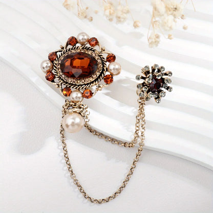 Vintage Fashion Black Crystal Sparkling Rhinestone Brooch Creative Lapel Pin Medieval Design Long Chain Brooches Autumn Winter