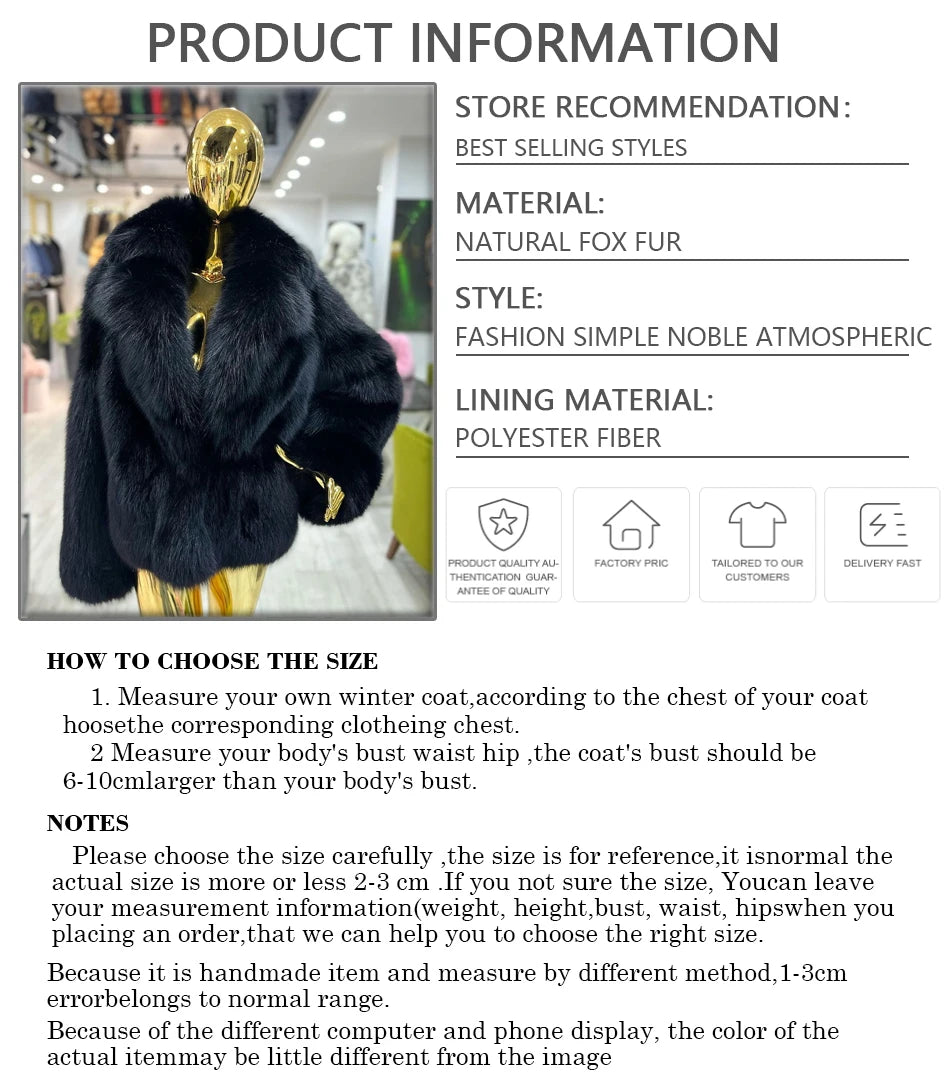 New Fox Fur Jackets For Woman Natural Fox Fur Coat With Turndown Collar Black Fur Jacket For Women