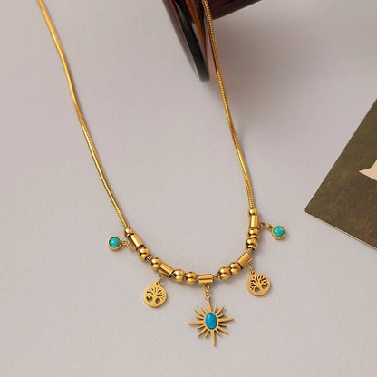 Ethnic Stainless Steel Bracelet Necklace Set for Woman Green Stone Pendant Necklace Luxury Bridal Wedding Jewelry Accessories