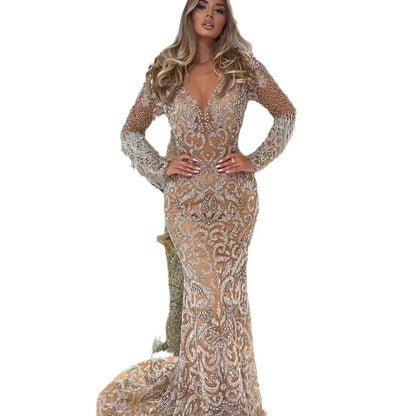 2025 New Spring Cross-Border Women's Evening Dress Long Sexy Elegant Fringed Gold-Sprinkled Mermaid Gown For Wedding