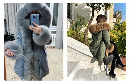 MAOMAOKONG 2024 Winter Women Coat Natural Fox Fur Collar Cuff Black Jackets Outwear Thick Luxury Real Fur Parka Women's Fur Coat