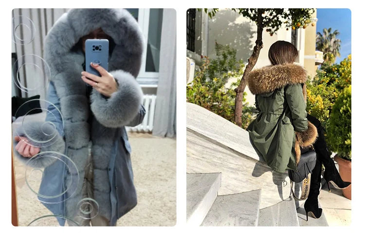 MAOMAOKONG 2024 Winter Women Coat Natural Fox Fur Collar Cuff Black Jackets Outwear Thick Luxury Real Fur Parka Women's Fur Coat