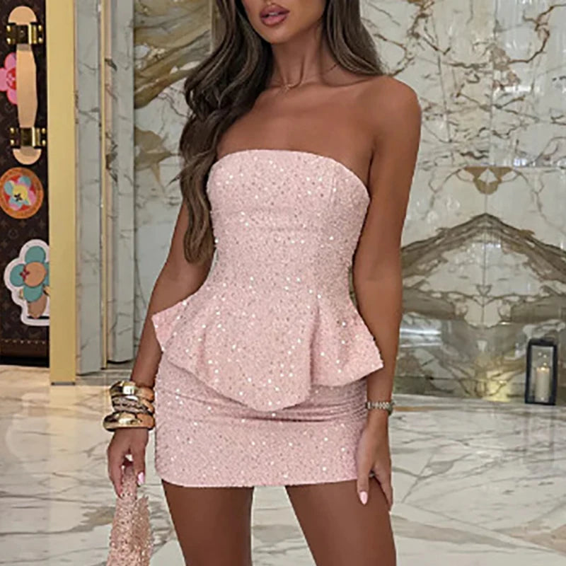 Summer Hollow Out Backless Slim Fit Suit Fashion Sequin Banquet Outfit Sexy Strapless Top and Mini Skirt Women's Two Piece Sets