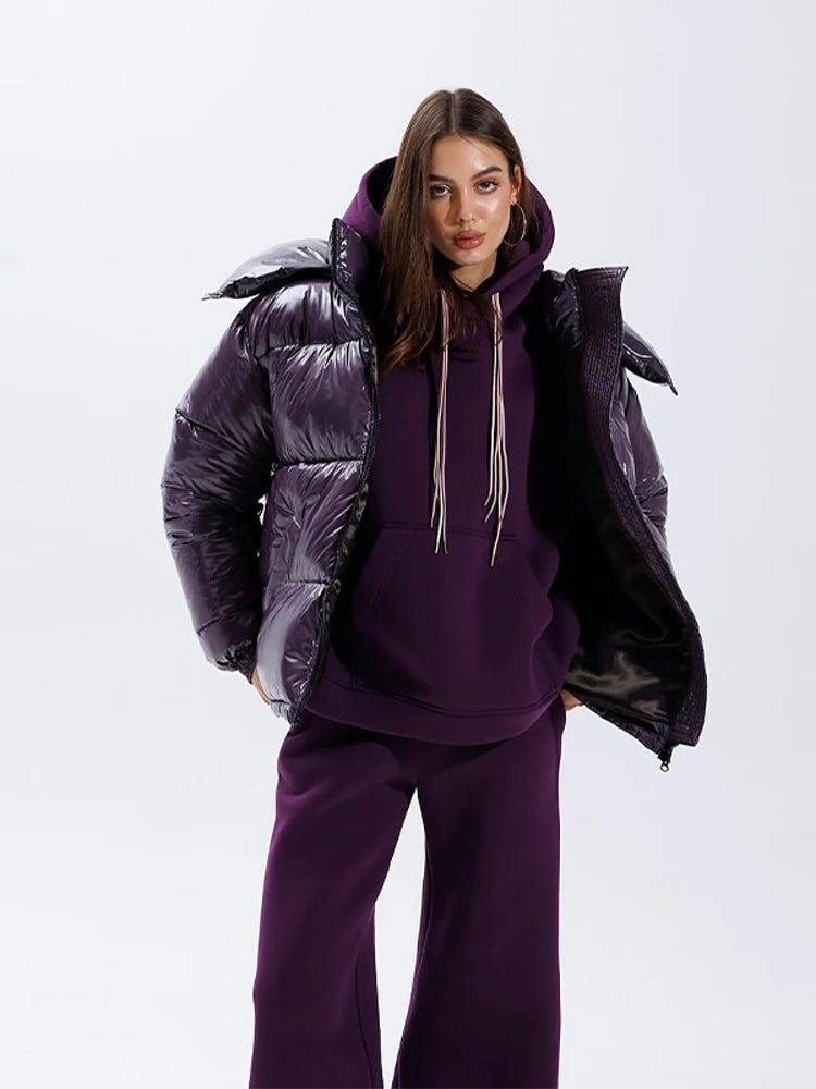 Chic Glossy Women's Thicken Cotton Coats Hooded Solid Loose Zippers Warm Lady Coat 2025 Winter Casual Female Street Jackets