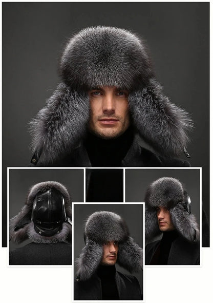 New Winter Men's 100% Real Silver Fox Fur Bomber Hat Raccoon Fur Ushanka Cap Trapper Russian Man Ski Hats Caps Real Leather Top