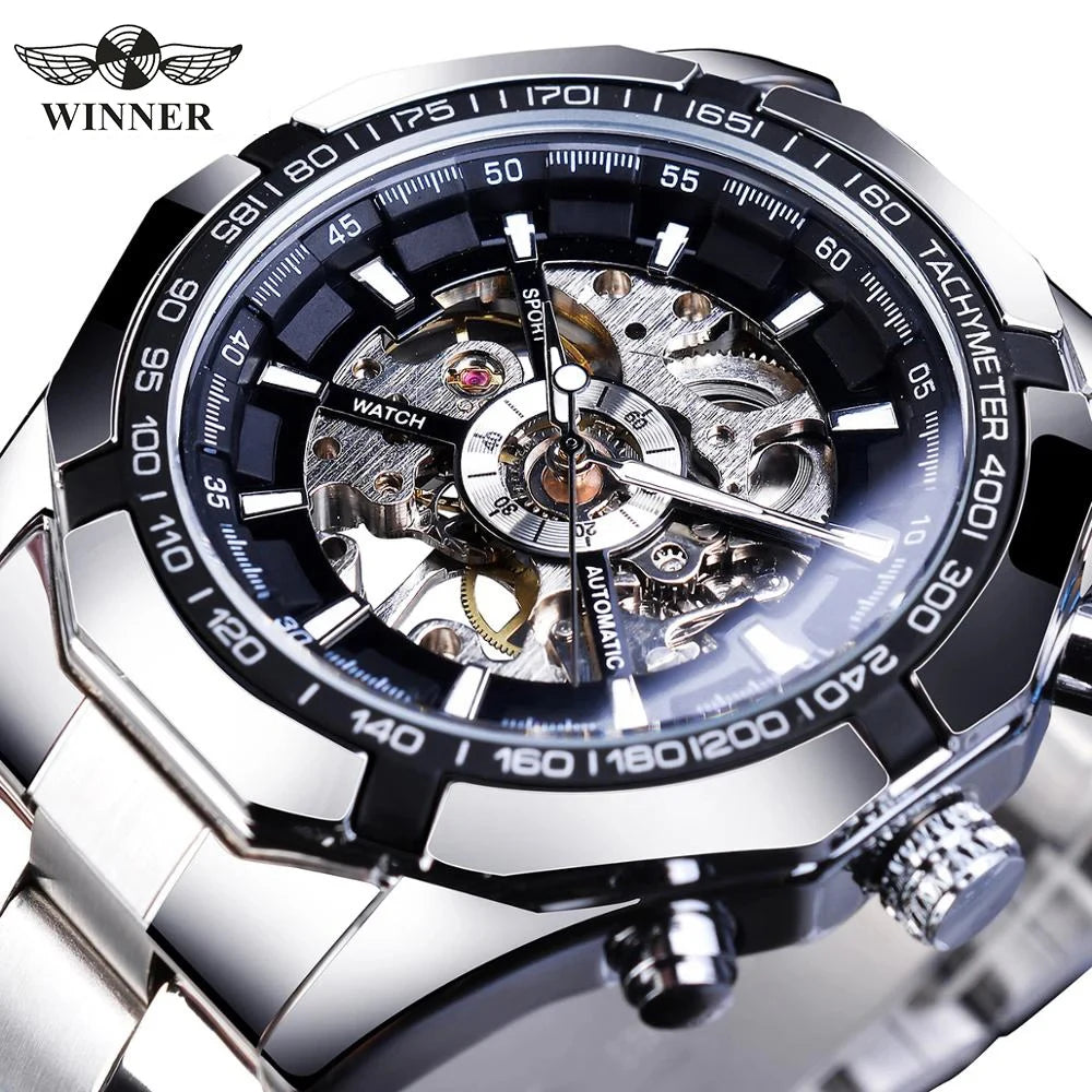 WINNER Classic Skeleton Watch for Men Luminous Hands Mechanical Watches Stainless Steel Strap Luxury Brand Forsining Wristwatch - Kimlud