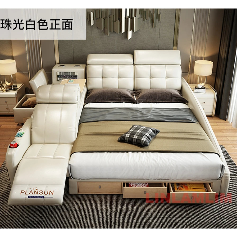 MINGDIBAO Massage Bed with Ultimate Comfort and Genuine Leather Multifunctional Frame - Bluetooth Speaker, Safe Air...