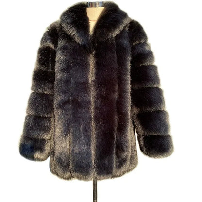 2025 Winter Women's Mid-Length Faux Fox Fur Coat Plush Luxe Warm faux fur Trench Elegant Thermal Outerwear Faux Fur Tops